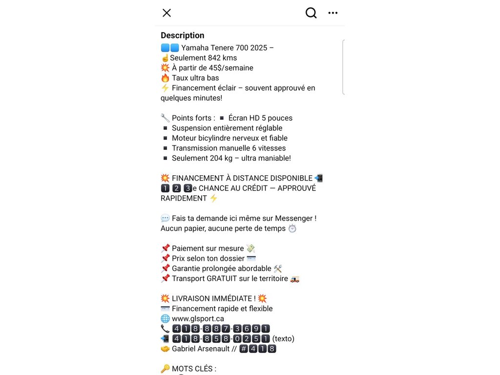 Yamaha Tenere 700 2025 à vendre